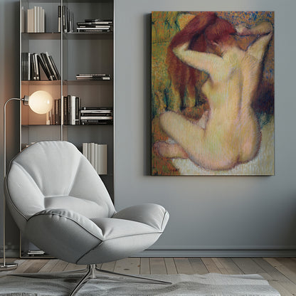 An impressionist pastel painting by Edgar Degas of a nude woman seen from the back. She is sitting on a light-colored surface, gathering her long, auburn hair with both hands behind her head. The background is a textured blend of green, yellow, and blue colors. Poster