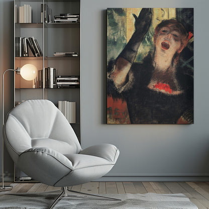 An impressionistic painting by Edgar Degas of a woman singing passionately on stage. She wears a black dress and a long black glove on her raised arm, her face filled with emotion as she performs. Wall Art