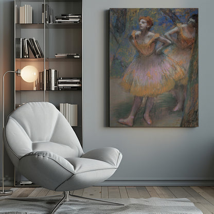 An impressionist pastel painting by Edgar Degas of two ballet dancers. The main dancer in the foreground has red hair and wears a pink and orange tutu. She stands with her hands on her hips, looking off to the left. The background is a blend of blue and green strokes, suggesting a backstage or outdoor setting. Decor