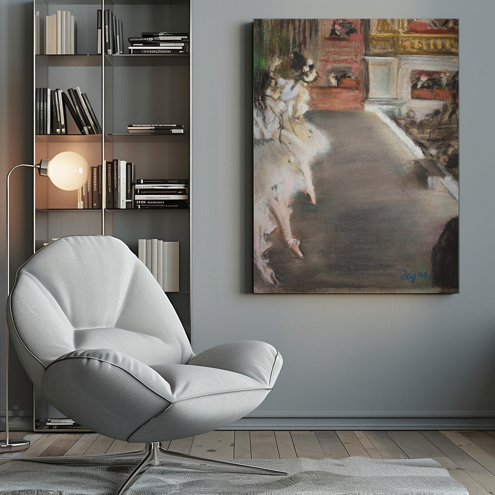 A pastel drawing by Edgar Degas depicting ballerinas from a side-stage perspective. Dancers in fluffy white tutus are grouped on the left, while the grey-brown stage extends to the right towards theater boxes filled with spectators. The style is Impressionistic with a soft, textured finish. Wall Art