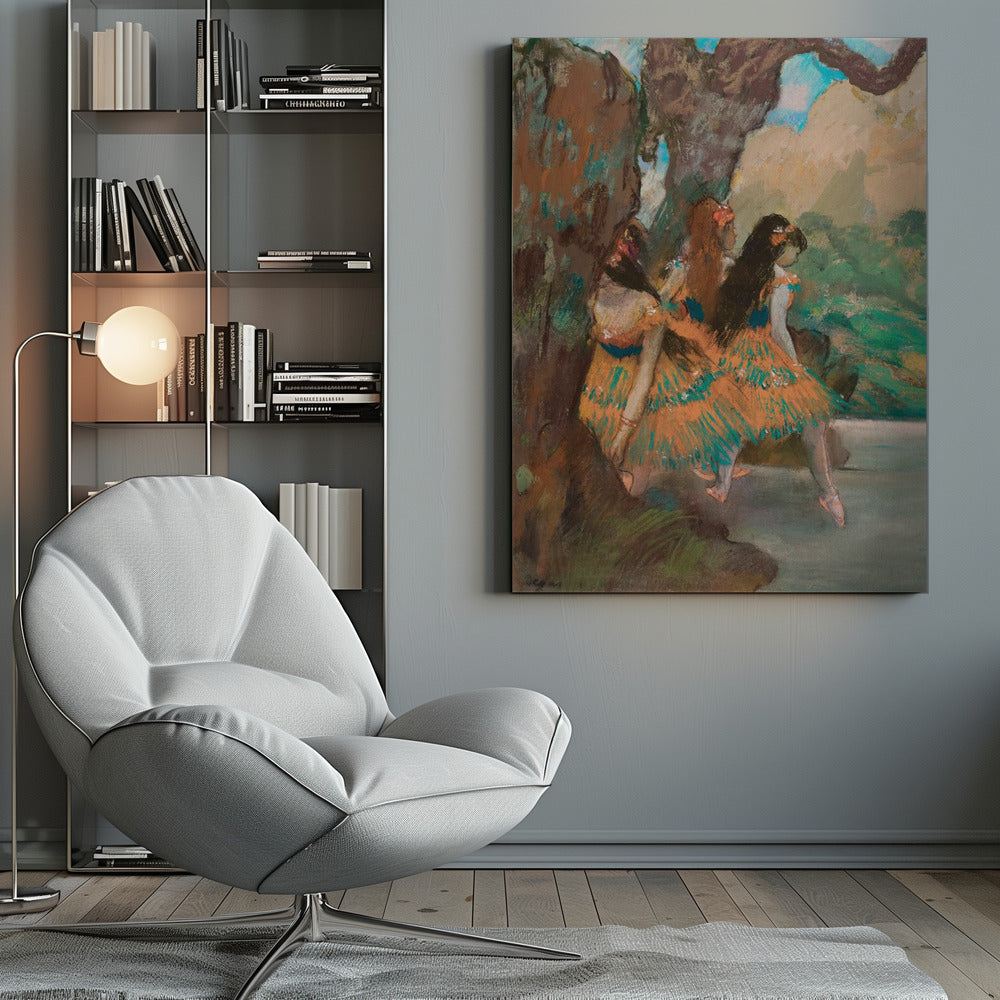 An Impressionist painting by Edgar Degas of three ballet dancers resting. They are wearing vibrant orange and teal tutus and are seated under a large, textured tree trunk with a soft-focus background of green foliage and a hint of blue sky. Wall Art