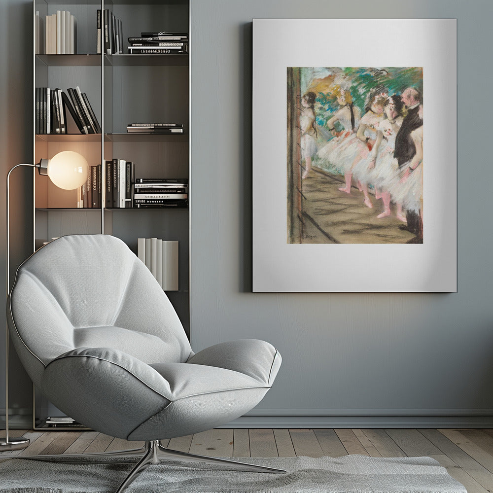 An Impressionist painting by Edgar Degas showing a group of ballet dancers in white tutus waiting in the wings of a stage. A man in a dark suit stands with them. The artwork is presented in a black frame with a white mat. Print