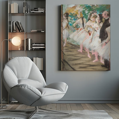 An impressionist pastel painting by Edgar Degas depicting a line of ballet dancers in white tutus and pink slippers waiting backstage. A man in a dark suit stands at the far right. Wall Art