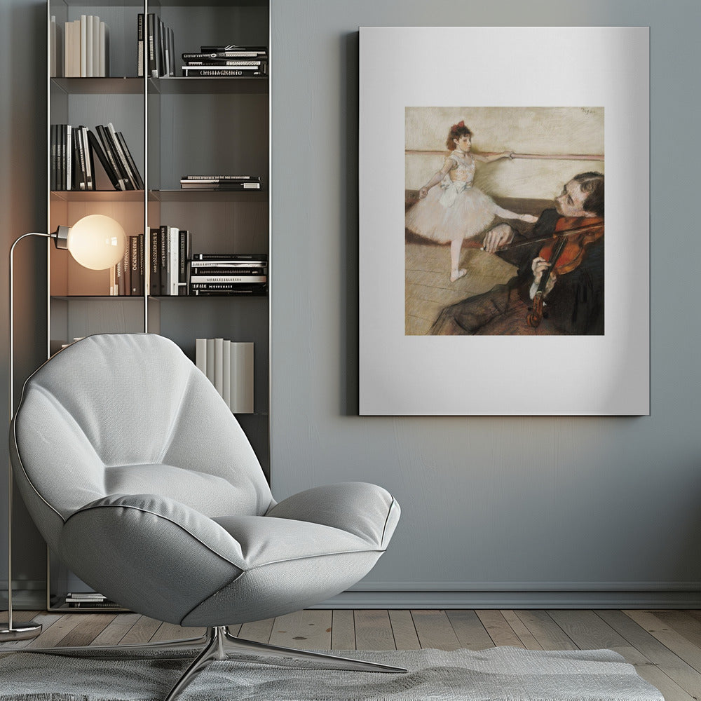 A framed impressionist painting by Edgar Degas titled 'The Dance Lesson'. The artwork depicts a young ballerina in a white tutu and red ribbon in her hair practicing at a ballet barre. In the foreground, a musician sits and plays the violin. Wall Art