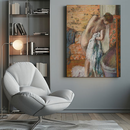 A pastel drawing in an impressionist style of a nude woman seen from the back. She is bent over, drying herself with a white and blue towel. The background is an interior with warm, patterned wallpaper in shades of orange and yellow. Print