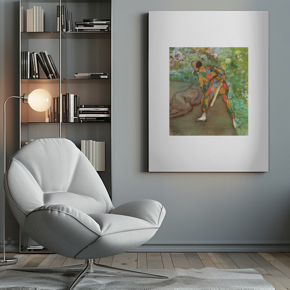 A framed vintage painting by Edgar Degas depicting a Harlequin in a colorful diamond-patterned costume. The figure is shown from the back, bending in a garden setting, with other figures faintly visible in the background. Wall Art