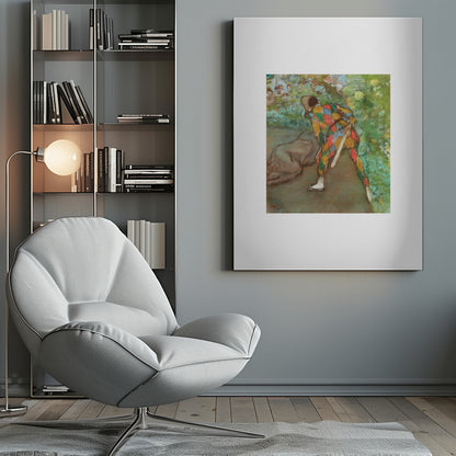 A framed vintage painting by Edgar Degas depicting a Harlequin in a colorful diamond-patterned costume. The figure is shown from the back, bending in a garden setting, with other figures faintly visible in the background. Wall Art