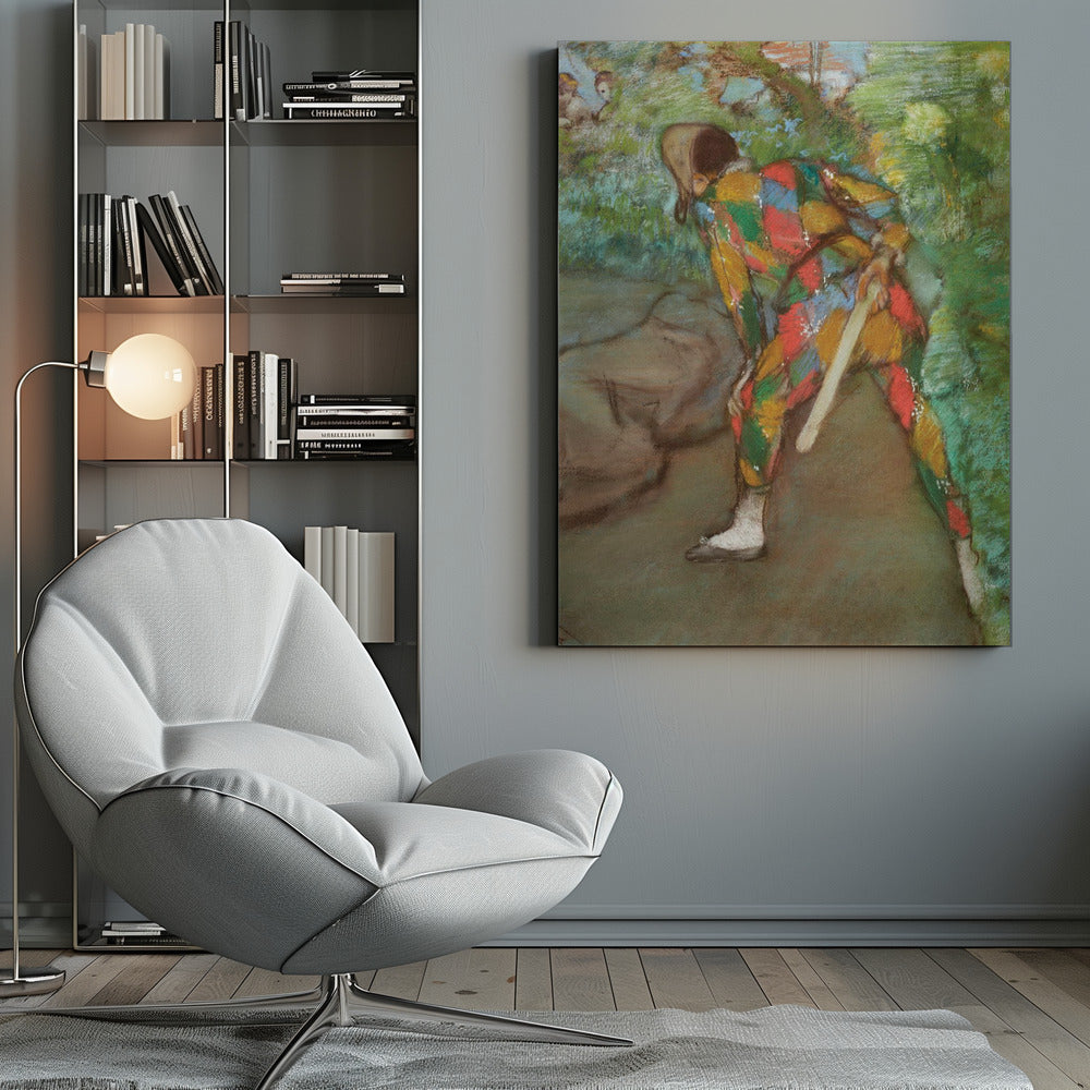 A pastel painting of a person in a colorful harlequin costume, viewed from behind. The figure is bent over in a green, leafy setting, holding a flat wooden paddle. The costume features a vibrant diamond pattern in red, yellow, green, and blue. Wall Art