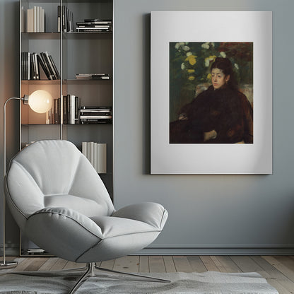 A framed impressionist portrait painting by Edgar Degas of a young woman with dark hair pulled back, wearing a voluminous dark dress. She sits in a chair with a pensive look, set against a background of yellow and white chrysanthemums and dark green foliage. Decor