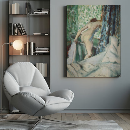 An impressionistic painting by Edgar Degas titled 'After the Bath, Woman Drying Herself'. It depicts the back of a nude woman leaning over a washbasin, with a towel in hand. The background is a vibrant green patterned wallpaper, with a blue curtain to the right and crumpled white sheets in the foreground. The style is soft and textured, characteristic of pastel work. Print