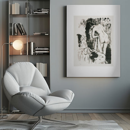 A framed black and white lithograph by Edgar Degas of a nude woman with long dark hair, viewed from the back as she leans over. The artwork has a sketchy, impressionistic style, capturing an intimate moment. Wall Art