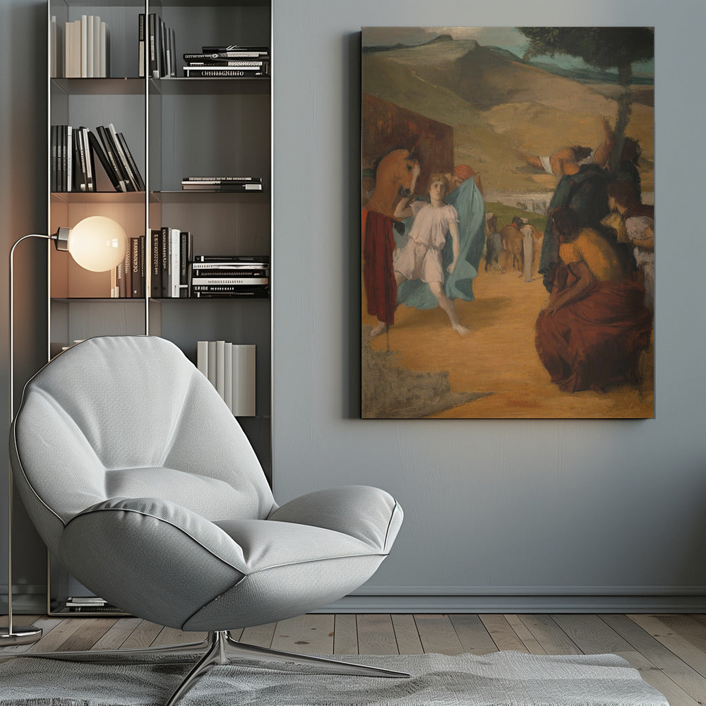 A vintage painting depicting a historical scene in an arid, hilly landscape. In the foreground, a young person in a white tunic and blue robe stands next to a horse, while a group of people in classical attire gesture towards the background. Print