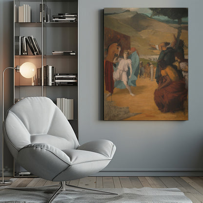 A vintage painting depicting a historical scene in an arid, hilly landscape. In the foreground, a young person in a white tunic and blue robe stands next to a horse, while a group of people in classical attire gesture towards the background. Print