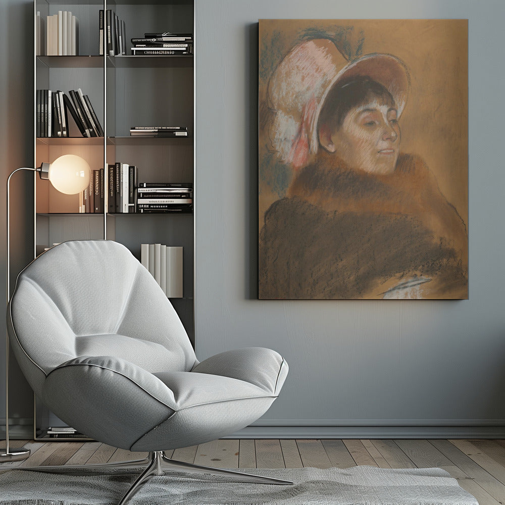 A vintage pastel portrait of a woman in three-quarter view, looking to her right. She has dark hair with bangs and is wearing a large, soft pink hat and a heavy brown coat. The background is a warm ochre color, and the overall style is sketchy and impressionistic. Artwork