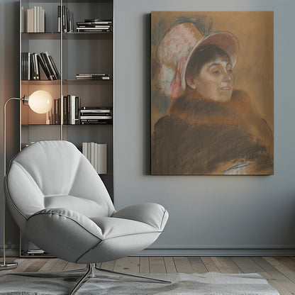 A vintage pastel portrait of a woman in three-quarter view, looking to her right. She has dark hair with bangs and is wearing a large, soft pink hat and a heavy brown coat. The background is a warm ochre color, and the overall style is sketchy and impressionistic. Artwork