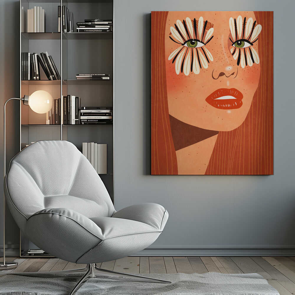 A stylized close-up illustration of a woman's face with long red hair, freckles, and green eyes. Her makeup is a bold, graphic design of black and white flower petals radiating around her eyes, and she has bright red lips. Decor