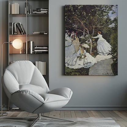 A vertical Impressionist painting by Claude Monet titled 'Women in the Garden,' depicting four figures in a lush, sun-dappled garden. In the foreground, a woman in a voluminous white dress with black embroidery sits on the grass holding flowers and a parasol. To the left, a man holds a large bouquet, partially obscuring his face, next to a woman in a striped dress. In the background, another woman in a white, polka-dotted dress reaches for a branch of a tree surrounded by white and red blossoms. Decor