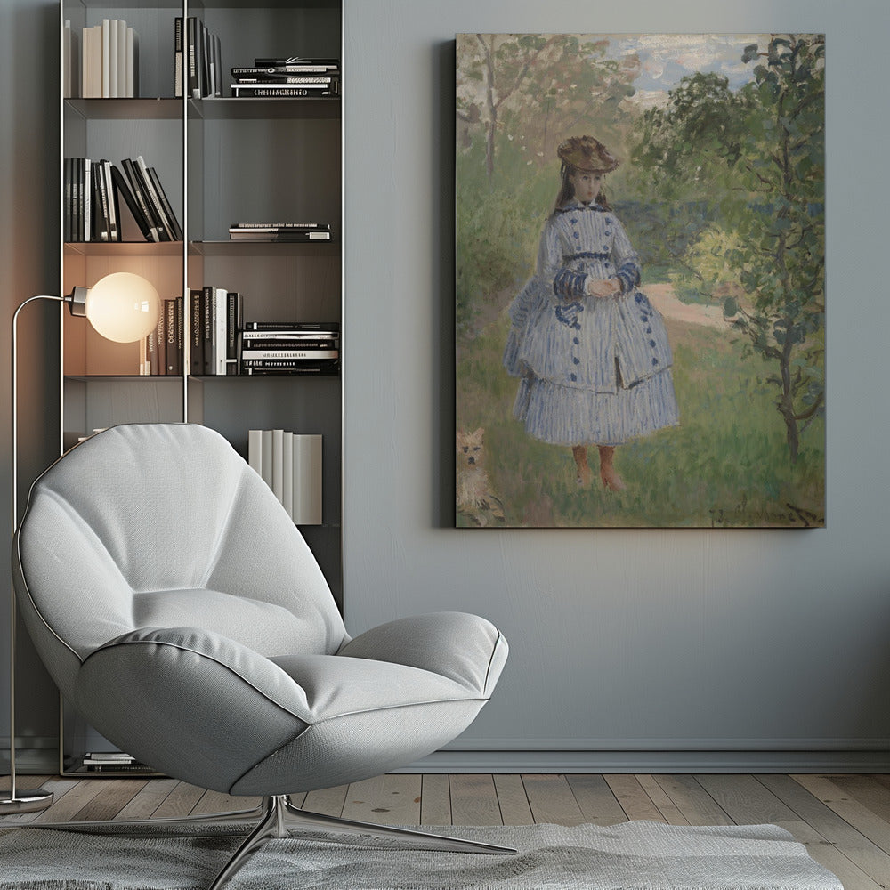 An Impressionist painting by Claude Monet titled 'Jeanne-Marguerite Lecadre in the Garden'. It depicts a young girl in a blue and white striped dress and a hat, standing in a lush, green garden with trees and a path in the background. The style features soft, visible brushstrokes. Poster