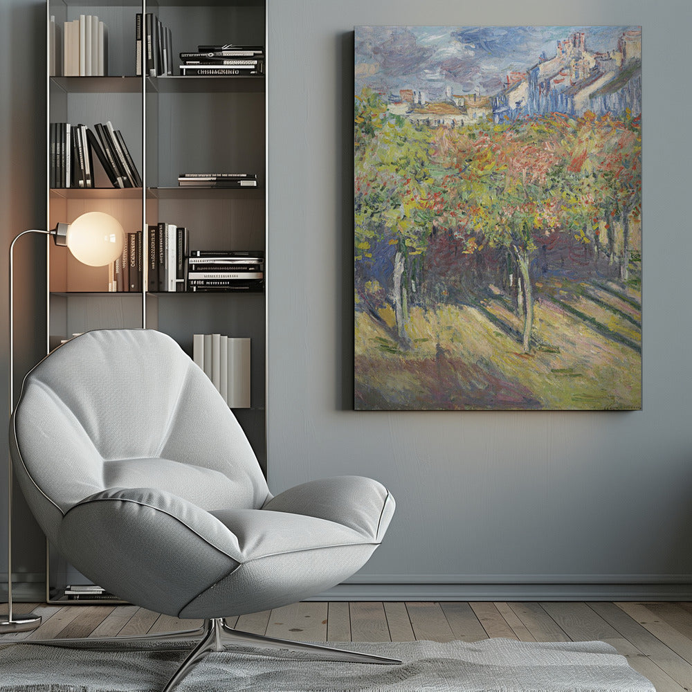 An impressionist painting of a sun-dappled landscape. Colorful autumn trees and vines fill the foreground, casting long shadows on the grassy ground. In the background, a row of buildings with white and blue walls and red roofs rises up under a cloudy sky. Print