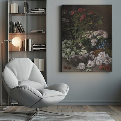 A classic vertical still life painting by Claude Monet from 1864. It showcases a rich and abundant arrangement of various flowers against a dark, muted background. Prominently featured are pink geraniums, clusters of white and pink hydrangeas, lilacs in a basket, and a scattering of white peonies and red tulips in the foreground. Poster