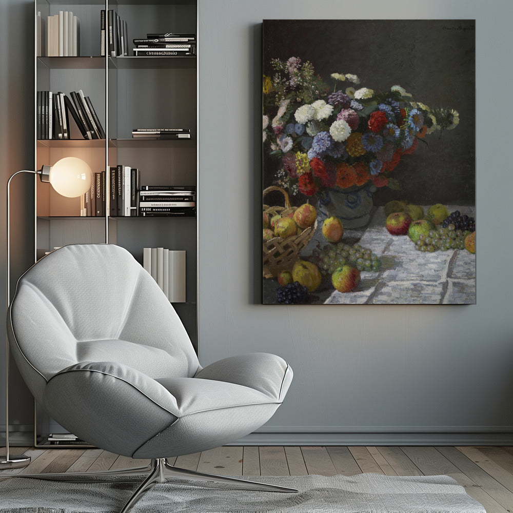 A classic still life painting by Claude Monet depicting a vibrant, multicolored bouquet of flowers in a ceramic vase. Scattered around the vase on a white tablecloth are various fruits, including apples, pears in a basket, and bunches of grapes, all set against a dark, moody background. Poster