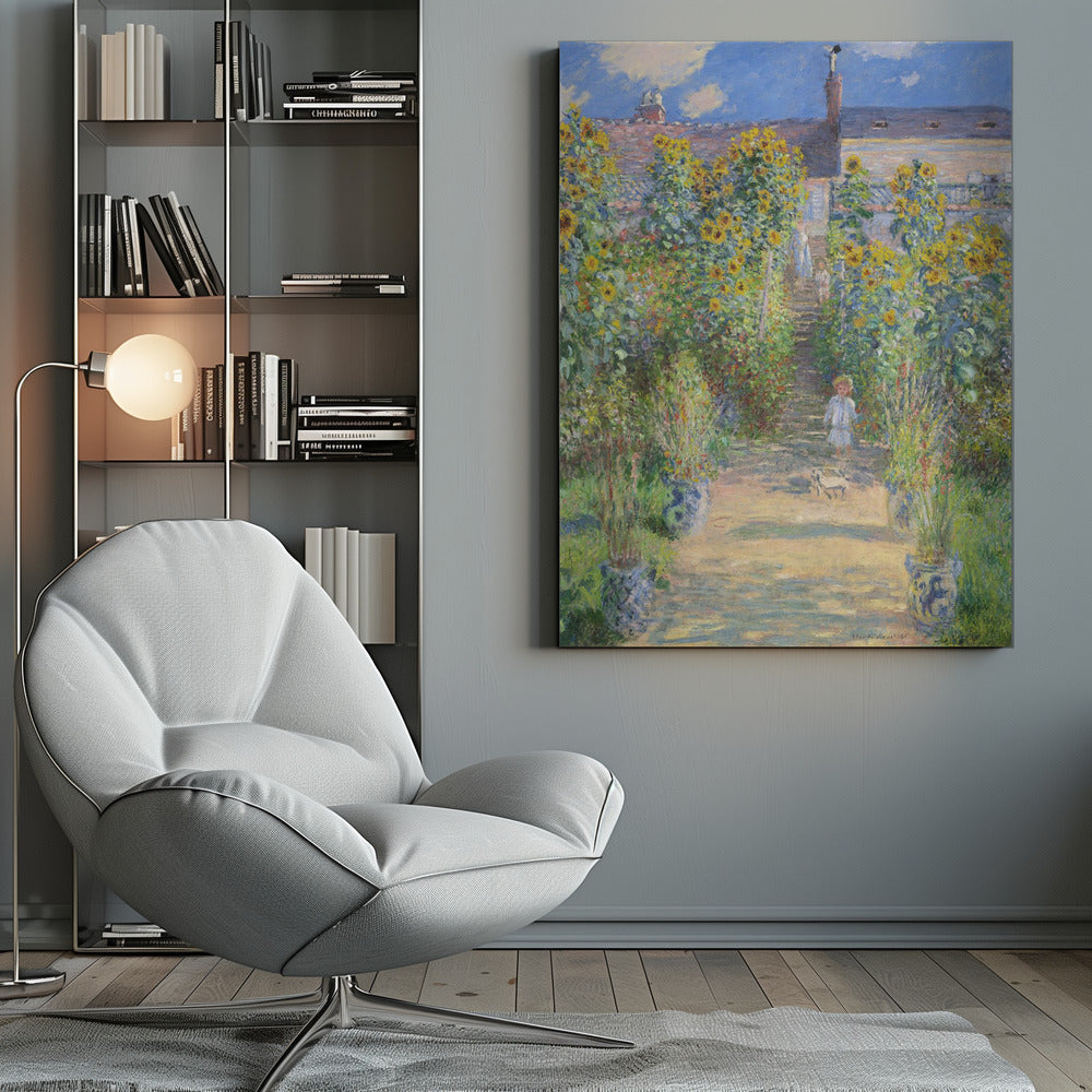 An Impressionist painting by Claude Monet titled 'The Artist's Garden at Vétheuil'. It depicts a sunny, lush garden path lined with tall, blooming sunflowers leading up to a house. A young child in a light-colored dress and straw hat stands in the foreground on the path. Artwork