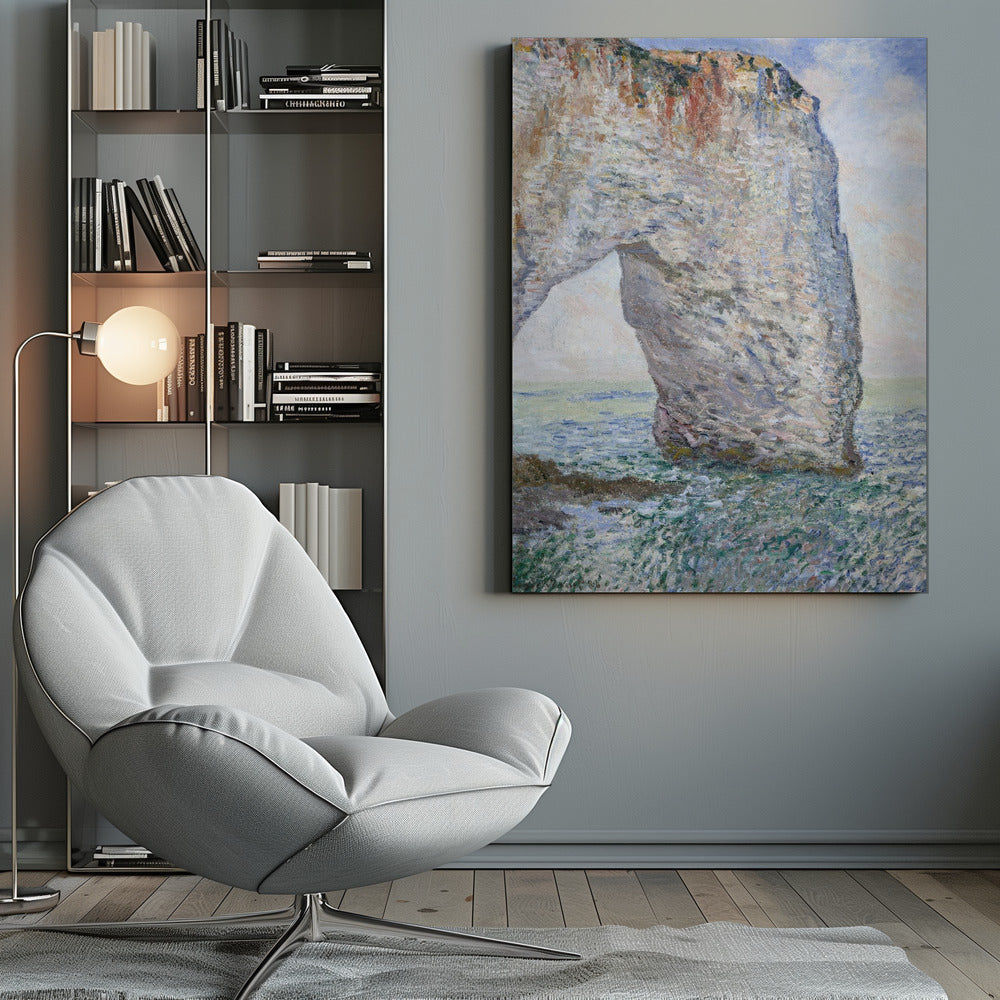 An Impressionist painting depicting a massive white chalk cliff with a natural arch, standing in a turbulent sea of green and blue water. The visible, textured brushstrokes capture the play of light on the rock and water under a bright, cloudy sky. Decor