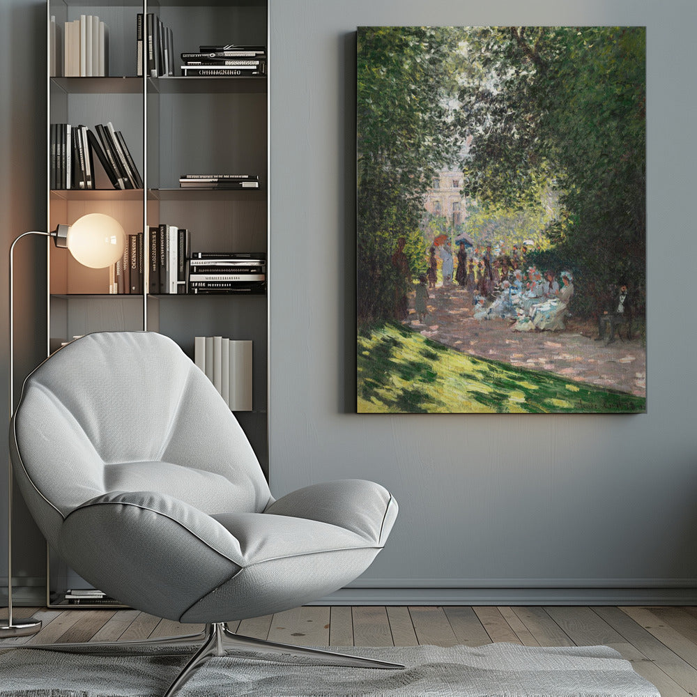 An Impressionist painting of a group of people having a luncheon in a park on a sunny day. Sunlight filters through the dense green leaves of overhead trees, creating a dappled light effect on the figures and the ground. In the background, more people stroll along a path, and a building is visible through the trees. Wall Art