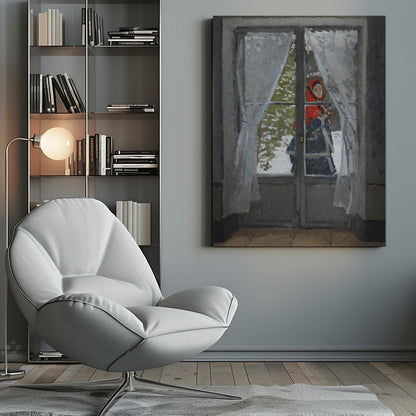 An impressionistic oil painting viewed from inside a room, looking out a glass door into a snowy landscape. A figure in a bright red hood and dark clothing stands outside, partially visible between sheer white curtains. The scene is framed by a dark grey door and a simple black picture frame. Poster