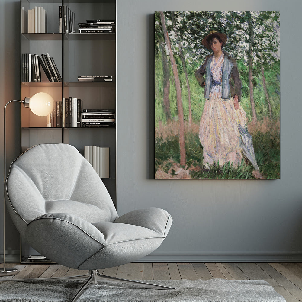 An impressionist painting of a woman standing in a sun-dappled forest. She wears a long, pale dress, a blue-grey jacket, and a brown hat, looking down thoughtfully while holding a parasol. Wall Art