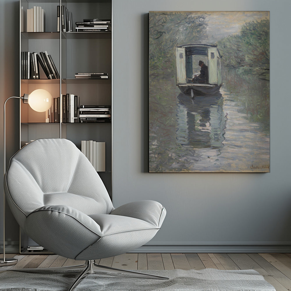 An Impressionist painting by Claude Monet titled 'The Studio Boat,' depicting a figure in a hat and dark coat sitting inside a small, white-paneled boat on a calm, grey-green river. The scene is enveloped in a soft, hazy light, with blurry trees lining the banks and a strong, rippling reflection of the boat in the water. Artwork