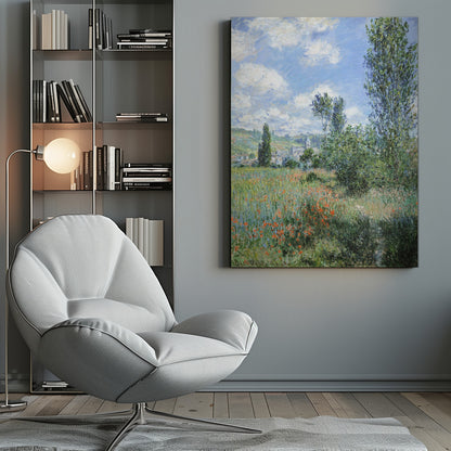 An impressionist painting depicting a vibrant green field filled with red poppies under a bright blue sky with fluffy white clouds. Tall green trees stand on the right, and in the distance, a small village with a church steeple is nestled in the rolling hills. Decor