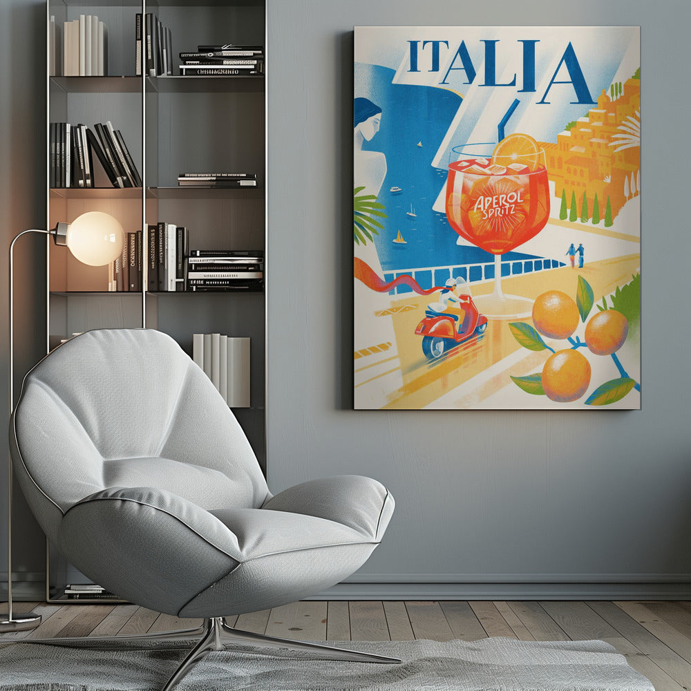 A vintage-style travel poster for Italia, featuring a large glass of Aperol Spritz overlooking a sunny coastal scene. A woman gazes at the blue sea with sailboats, a hillside town glows in the sun, and a person rides a red scooter along a seaside road, with ripe oranges in the foreground. Artwork