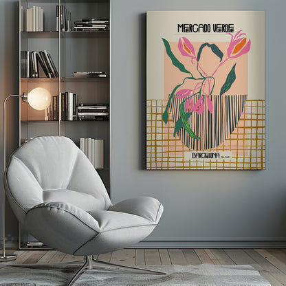 A modern graphic art print of stylized pink flowers with green leaves in a black and white striped vase. The background is color-blocked with cream, peach, and a mustard yellow grid pattern. Text at the top reads 'MERCADO VERDE' and at the bottom 'BARCELONA No. 043'. Artwork