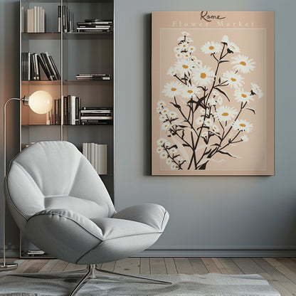 A vintage-style art print titled 'Rome Flower Market' featuring a minimalist illustration of white daisies with yellow centers and black stems against a muted pink background. The artwork is enclosed in a thin white border and set within a black frame. Wall Art