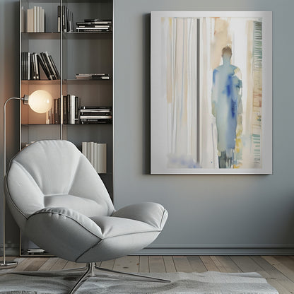 An abstract watercolor painting in a black frame, featuring a lone, blurred figure in shades of blue standing in a brightly lit room suggested by vertical strokes of beige, white, and grey. Poster