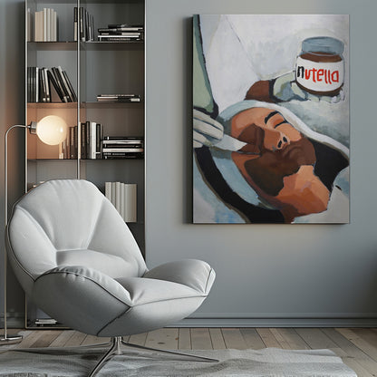 A modern pop art painting depicting a person with closed eyes lying down, wrapped in white and grey cloth. A hand holds a jar of Nutella above the person's head, in a style reminiscent of classical religious art. Wall Art