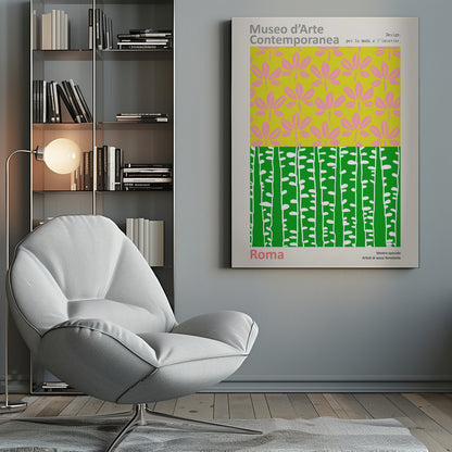 A vintage-style exhibition poster for the 'Museo d'Arte Contemporanea' in Rome. The design is split into two colorful graphic panels: the top features pink leaves on a lime green background, and the bottom shows stylized white birch trunks against a vibrant green background. The poster is set within a light border with Italian text. Artwork