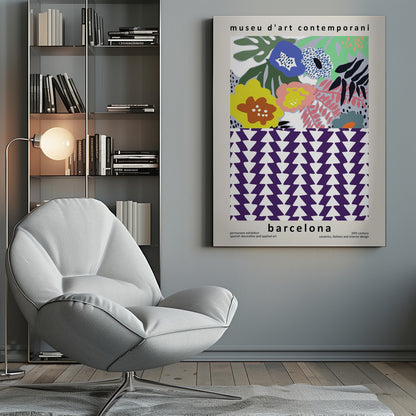 A contemporary art museum poster for Barcelona, featuring a split design. The top half shows a colorful abstract floral pattern with blue, yellow, pink, and green flowers. The bottom half displays a striking geometric pattern of purple and white interlocking triangles. The poster is framed in black. Print