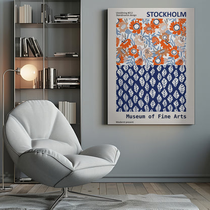 A framed exhibition poster titled 'Stockholm Museum of Fine Arts' featuring two distinct Scandinavian design patterns. The top half displays a vibrant floral pattern with orange, beige, and light blue flowers on a white background. The bottom half shows a repeating pattern of stylized white leaves on a dark blue background. Wall Art