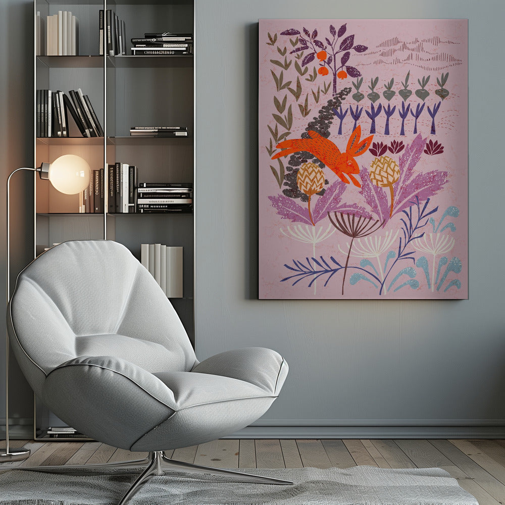 A stylized, folk-art illustration of a bright orange rabbit leaping through a whimsical garden. The scene features large purple and blue flowers in the foreground, with rows of root vegetables and a fruit tree in the background, all on a textured mauve canvas. Print