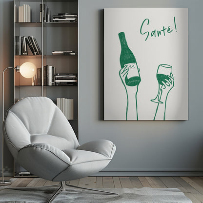 A minimalist green line drawing on a white background featuring two hands. One hand holds a bottle of wine, and the other holds a glass of wine, as if in a toast. The French word 'Santé!' is written in cursive above the hands. Decor