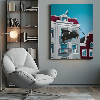 A graphic illustration of a black grand piano being hoisted up the side of a gray Amsterdam-style building with a red roof, using a pulley system attached to the gable. The scene is set against a clear, bright blue sky. Artwork