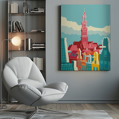 A graphic illustration of an Amsterdam city scene, featuring colorful canal houses in the foreground and the prominent pink tower of the Westerkerk church against a light blue sky with stylized clouds. Decor