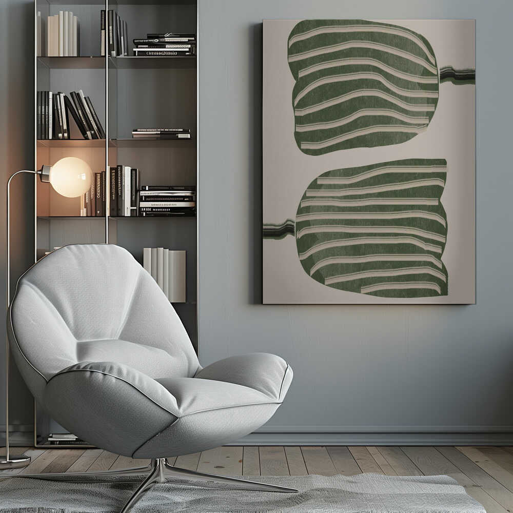 A framed abstract artwork featuring two large, organic, blob-like shapes stacked vertically. The shapes are dark green with wavy, horizontal cream-colored stripes. They are set against a solid cream background, with thin, distorted lines extending from the sides of each shape. Decor