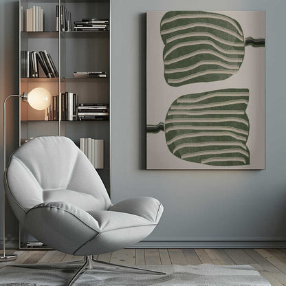 A framed abstract artwork featuring two large, organic, blob-like shapes stacked vertically. The shapes are dark green with wavy, horizontal cream-colored stripes. They are set against a solid cream background, with thin, distorted lines extending from the sides of each shape. Decor