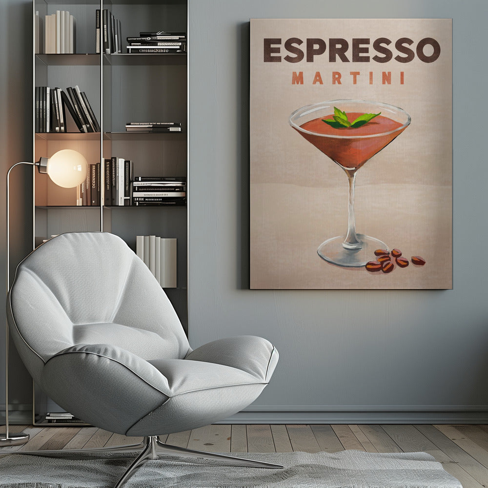 A vintage-style poster of an Espresso Martini. The illustration shows a reddish-brown cocktail in a martini glass, garnished with mint leaves, with coffee beans at the base. The text 'ESPRESSO MARTINI' is at the top against a tan background, all within a black frame. Wall Art