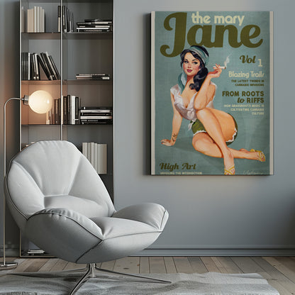 A retro-style poster designed as a magazine cover for 'the mary Jane, Vol 1'. It features a pin-up illustration of a woman with dark hair and a blue headscarf, smiling as she holds a lit cigarette. The cover includes article titles related to cannabis culture. Decor