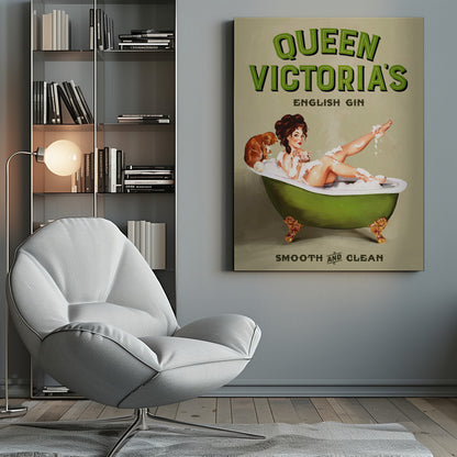 A vintage-style advertisement poster for 'Queen Victoria's English Gin'. The poster features a pin-up girl with dark hair relaxing in a green claw-foot tub filled with bubbles, holding a drink. A small brown dog sits on the edge of the tub. The tagline at the bottom reads 'Smooth and Clean'. Artwork