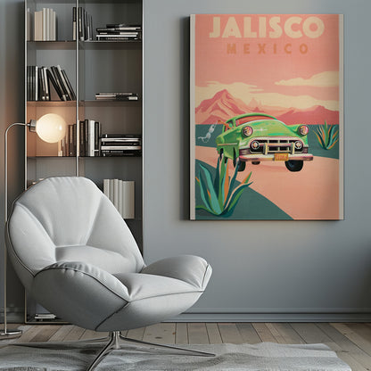 A vintage-style travel poster for Jalisco, Mexico. It features a classic green car driving on a winding road through a desert landscape with agave plants. In the background are pink mountains under a hazy pink sky. A hand waves a white bra out of the driver's side window, and the car's license plate reads 'TEQUILA'. Print